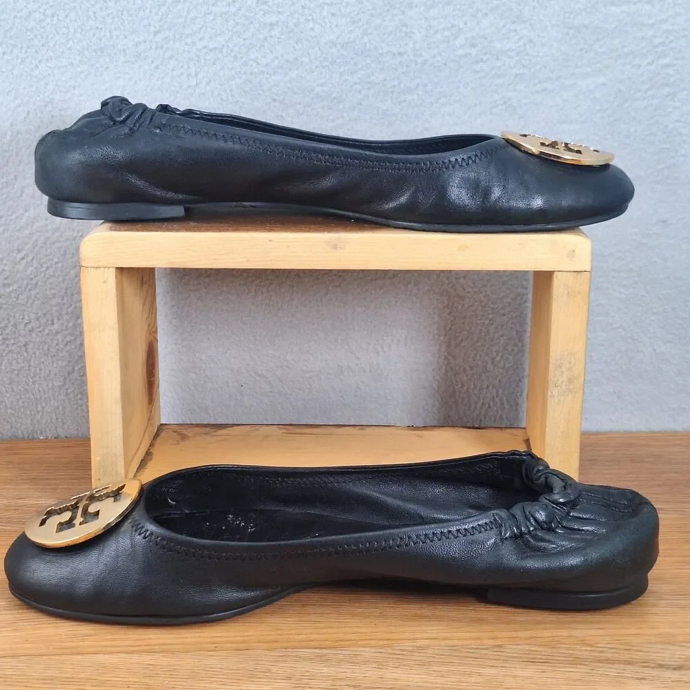 Tory Burch Minnie Travel Women's 8.5 Ballet Flats Black Leather Gold Logo Shoes